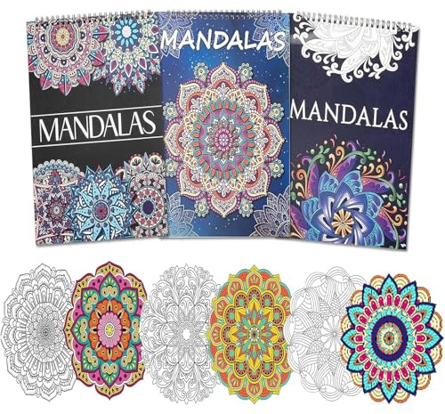 Ilyever Mandala-Malbuch-Set für Erwachsene, 60 einzigartige Mandala-Designs für Stressabbau und Entspannung, Spiralbindung, Malbücher für Erwachsene oder Frauen, 3 Stück