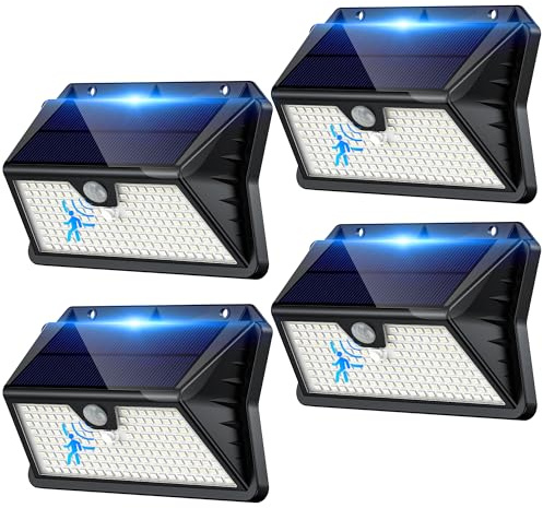 Giliwosy Luz Solar Exterior,【4 Paquete/3 Modos】 Luces Solares con Sensor Jardin de Movimiento 185 LED Focos LED Exterior Solares IP65 Impermeable para Jardín, Garaje, Patio, Puertas (Blanco Frío)