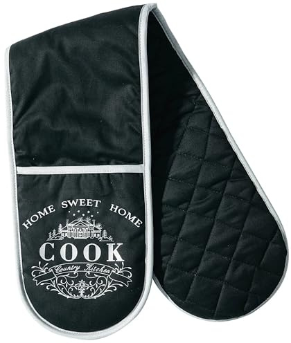 Home Sweet Home Double Oven Glove – 100% Cotton Quilted Heat Resistant Kitchen Mitt – Extra Long Insulated Cooking Glove with Hanging Loop – Cozy & Practical Gift for Home Bakers