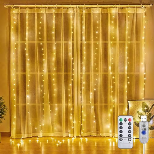 FREMON Tenda da Esterno, 300LEDs 3MX3M Luci Natale, 8 Modalità Tenda Luminosa con Telecomando e Timer, IP65 Impermeabile Cascata di Luci per Esterni e Interni per Camera da Letto, Festa, Matrimonio