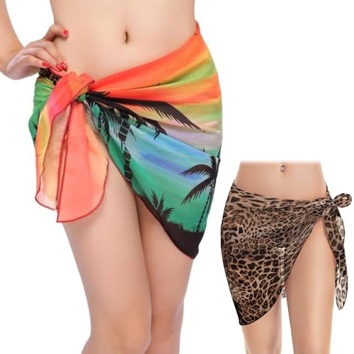 BSITSSS 2 Piezas Falda Pareo, Irregular Falda Pareo Mujer, Leopard Print Falda de Playa, Pareos Playa Mujer, Bikini Cubrir Chal para Mujeres Vacaciones Piscina Verano Playa