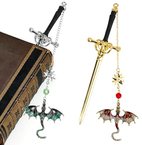 Encuryna 2 Stück Personalisierte Drache Schwert Lesezeichen mit Namen Geburtstag Geschenk, Fantasy, Metall, Einzigartiges Geschenk (Himmelblau + Rot)