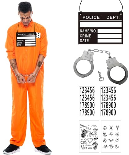 GTJEOI Disfraz Carcel Naranja Hombre, Disfraz de Prisionero con Accesorios, Dis-fraz Convicto Hombre, Mono de Prisionero para Halloween, Carnaval, Cosplay, Fiesta Tematica