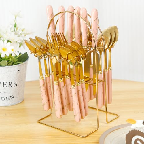 24Pcs Silverware Set with Hanging Holder, Stainless Steel Flatware Set Service for 6, Mirror Polished Tableware, Forks Knives Spoon for Home Kitchen (Pink)