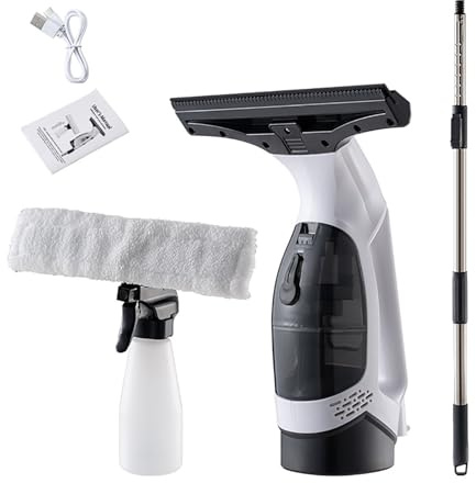 Aspirateur de fenêtre sans fil – Raclette électrique rechargeable à main avec batterie de 2,2 mAh, réservoir d'eau de 150 ml, flacon pulvérisateur et chiffon, pour écran de douche With Extension Pole