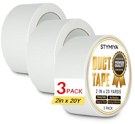 Stymiya White Duct Tape Heavy Duty: 3 Rolls 2inch x 20yd Wide Waterproof Outdoor - Strong Adhesive Weather Tapes Repair Bulk - Ductape for Patterns Masking Packing Furniture Kids Craft (3, White)