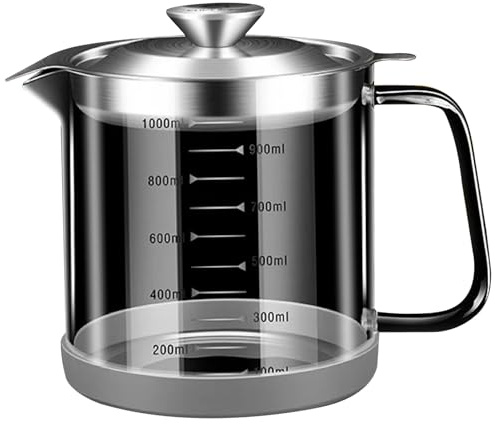 Colador de aceite Olla 1000ml/35oz Vidrio de escala transparente Contenedor de aceite usado Cocina con filtro y escala y mango Base de silicona Colador de grasa para el hogar restaurante.