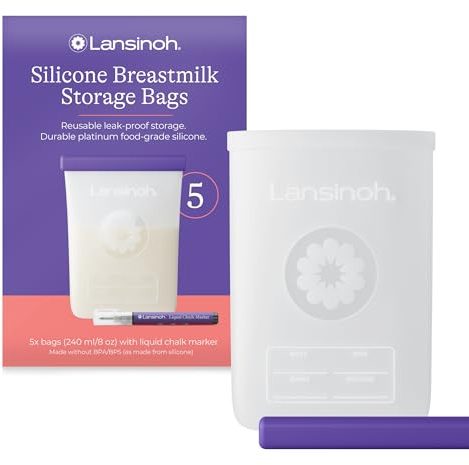 Lansinoh Silicone Breast Milk Storage Bag - 5 x 240 ml - with Chalk Marker