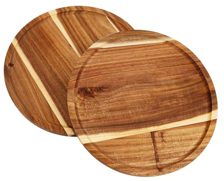 Sxutop 2 Piezas Bandeja Redonda de Madera para Servir Plato Decorativo,25cm | Bandeja de Madera de Acacia,Versátil,Bandeja Decorativa,para Cocina Salchichas Queso Velas Bebidas Café Decoración