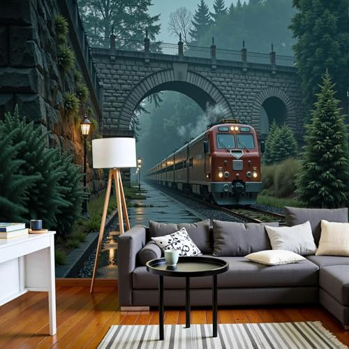 pdghsdkgjh Papier peint photo intissé, motif train, pont en arc de pierre, effet 3D, style forêt rétro, vert foncé, revêtement mural, 150 cm x 105 cm