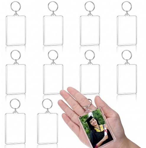 Bekecidi Porte Clef 10 Pièces, Porte Clef Personnalisable, Porte Clé Photo Rectangulaire Transparent Plastique 7.6 x 5.6 cm, Double Face pour Souvenir, Cadeau et Clés