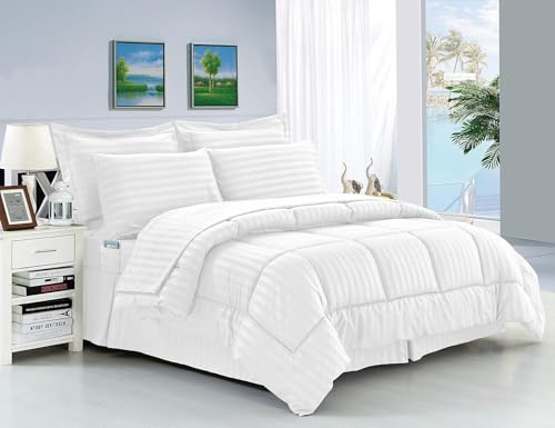 Elegant Comfort Stripe Bed-in-a-Bag 8-Piece Comforter Set, Cotton, White, Queen