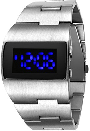 FENKOO Herren futuristisch blau LED Digital Silber Steel Band Armbanduhr