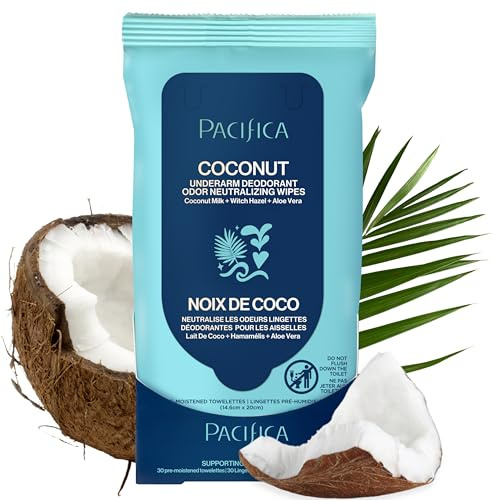 Pacifica Beauty kokosmjölk och eteriska oljor underarmsdeodorant våtservetter hjälper till att ta bort lukt, aluminiumfri, vegan och grymhetsfri, 30 våtservetter (1-pack)