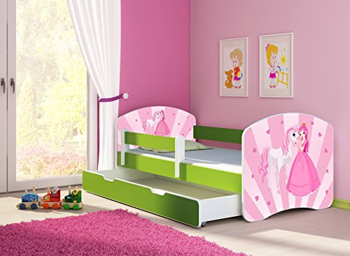CLAMARO 'Fantasia Grün' 180 x 80 Kinderbett Set inkl. Matratze, Lattenrost und mit Bettkasten Schublade, mit verstellbarem Rausfallschutz und Kantenschutzleisten, Design: 08 Prinzessin Einhorn