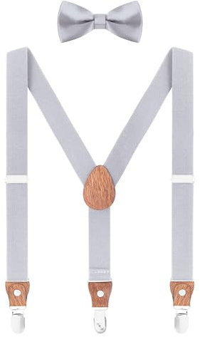 WANYING Enfants Bébé Garçon Fille Bretelle & Nœud Papillon Set pour 1 à 8 ans, 3 Clips Y-forme élastiques Bretelles pour Baby - Gris Clair