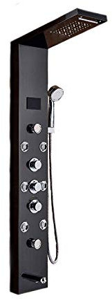 Pannello colonna doccia LED multifunzione in acciaio Inox di alta qualità con display della temperatura e 8 getti idromassaggio Dotato di 5 funzioni Colore: Nero