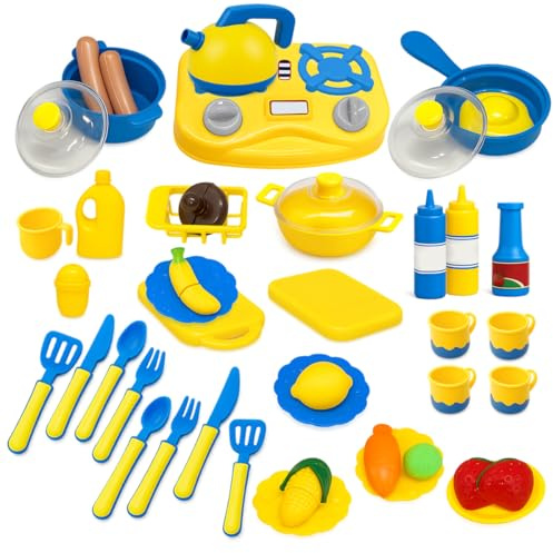 Koolbitz Kids Kitchen Accessories Play Set, 43Pcs Cooking Set - Realistic Pretend Play Cookware Playset with Stove, Utensils and Food Cutting Role Play Set, Gift for Girls and Boys Ages 3+ Years