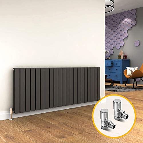 ELEGANT Horizontal Column Designer Radiator Oval Flat Panel Grey Modern Central Heating Radiators Double Panel 600 x 1596 mm + Valves Chrome