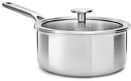 KitchenAid MultiPly 3PLY PFAS-freier Edelstahl-Kochtopf mit Glasdeckel, 16 cm/1,5 L, Dreifach, Multiclad, Induktion, Backofenfest bis 220°C, Spülmaschinenfest, Silber
