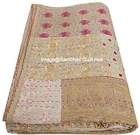 Kantha Baby Balnket Patchwork-Vintage-Überwurf, Kinderdecke, 127 x 178 cm, ultraweich und gemütlich, schwere Decke, Baumwolle, gesteppte Babydecke (Beige)
