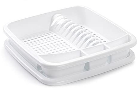 Tradineur - Escurreplatos de plástico con bandeja para agua, de 39 x 39 x 7.5 cm color blanco. Escurridera para hogar