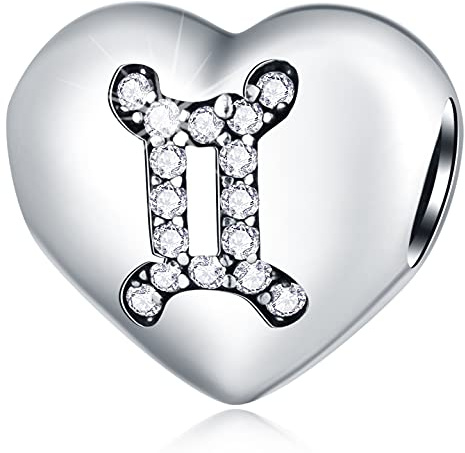 12 Zodiac Constellation Heart Charms with Clear CZ, 925 Sterling Silver Horoscope Beads, fits European Birthday Bracelet, Gifts for Mom/Wife/Friends