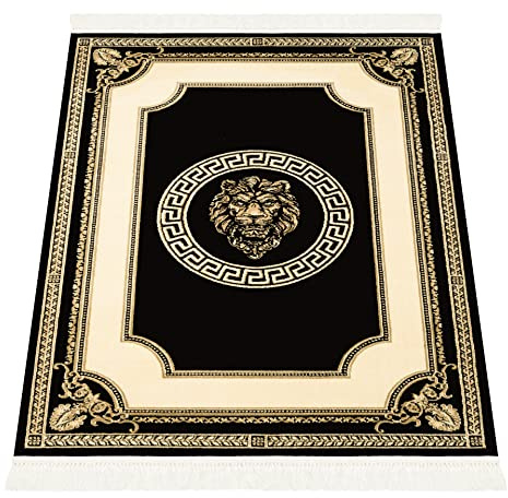 Belle Arti Premium designer matta designmatta vardagsrum sovrum kort lugg lejon mäandermönster i svart guld halkfri med fransar modern mjuk K-sidenglans 100 % viskos 100 x 140 cm