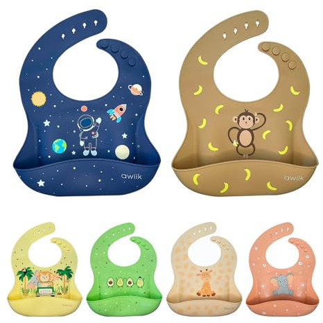 AWIIK 2 Stück extra weiches Silikon-Lätzchen für Babys, Mädchen und Jungen. Lätzchen mit Tasche. In 4 Größen verstellbar. Ergonomisch. Regenjacke. Mit Lebensmittelsammler. (Astronaut und Affe)