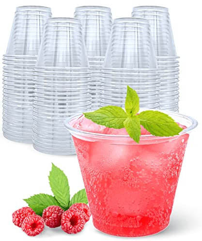 [200 PACK] 9 oz Clear Plastic Cups, Crystal Clear Drinking Cups, Disposable Party Cups for Fruit/Ice Cream/Cupcake/Cold Drinks: Iced Coffee, Water, Juice, Soda, Frozed Cocktails