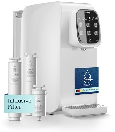 VILTARO® Sistema de Ósmosis Inversa para Agua Potable [Blanco, Filtro de 5 Niveles, 6 Temperaturas, Móvil Sin Conexión] | Purificador
