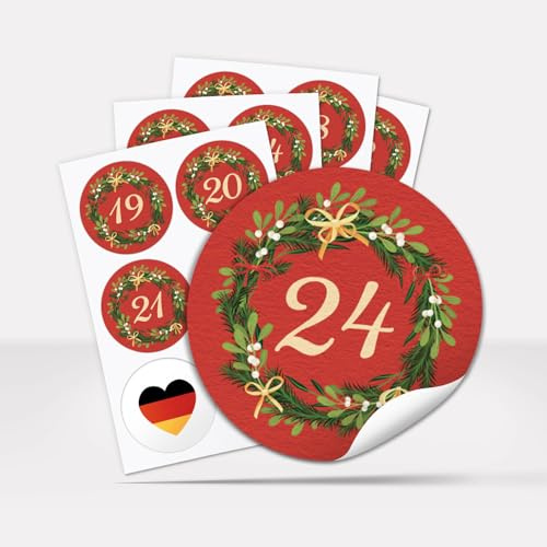 Adventskalender-Zahlen Aufkleber 1 bis 24 / Vintage Kranz rot klassisch | Etiketten / Sticker / Weihnachtskalender / Advent / Rund / DIY / zum Aufkleben
