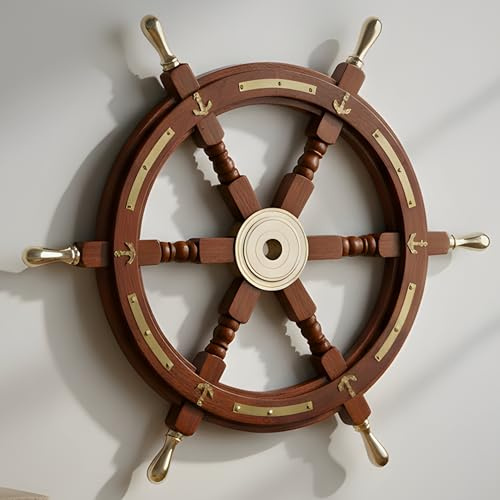 Brainmart Nautical Handmade Wooden Ship Wheel Pirate Captain Boat Welcome Aboard Ship Steering Hanging Wheel for Home | Home Décor | Office Décor (Anchor Brass Handle, 24 Inch)