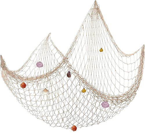 YSTrillion Red Pesca Decoracion con Conchas,Red de Peces Decoración de Pared,Marco de Colgante Náutico Estilo Foto Playa del Océano Mediterráneo Decoración del Hogar 100 cm × 200 cm Beige