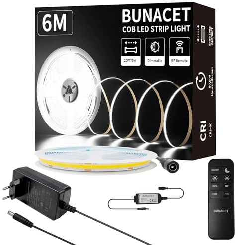 BUNACET COB LED Streifen 6M, LED Strip Kaltweiß Dimmbar 24V 6500K, CRI90+ Lichtband LED Band Stripes mit Netzteil und RF Fernbedienung für Küche, Schlafzimmer, Wohnzimmer, Schrank, Spiegel