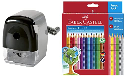 Dahle 133 Manuelle Spitzmaschine grau/schwarz & Faber-Castell 201540 - Buntstifte Set für Kinder und Erwachsene, 24-teilig, dreikant, bruchsicher, inkl. 4 Neonfarben und 2 Bleistiften