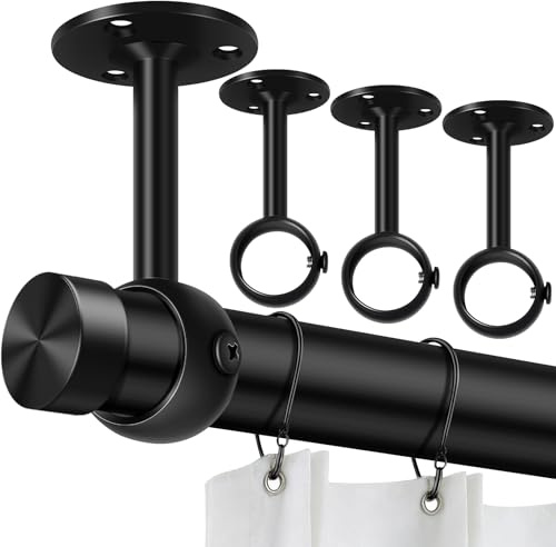 TOKPLNU Curtain Rod Brackets, Ceiling Heavy Duty Holders, Black 4 Pack Hooks Hangers for 1 1/4-Inch Drape Poles