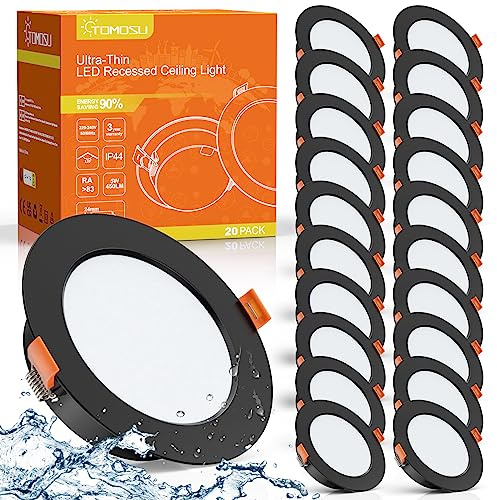 Tomosu 20er Set LED Einbaustrahler 230V Schwarz, 5W, Warmweiß 2700K, IP44 | 450LM, 75mm-85mm Lochmaß, Durchmesser 98mm, 24mm Ultra Flach LED Spots Decke für Badezimmer Wohnzimmer Küche, Rund