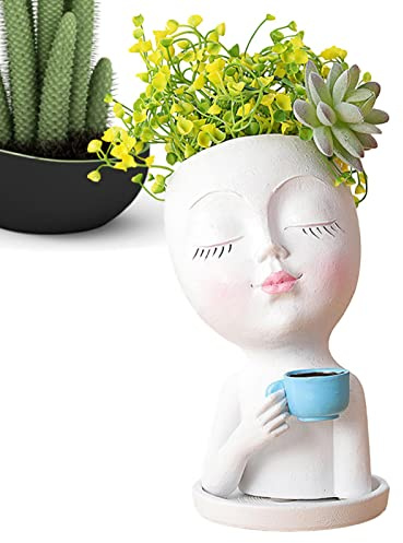 Luckxing Testa del vaso della fioriera del viso - Fioriera per viso che beve caffè - Fioriera da interno con foro di drenaggio in resina ad occhi chiusi per piante grasse