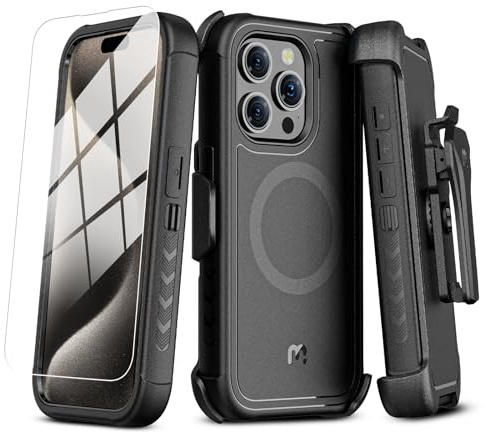 M MYBAT PRO Maverick Series for iPhone 15 Pro Max Case with Belt Clip Holster,[Compatible with Magsafe] w/Screen Protector,Anti-Drop,Shockproof,with 360°Rotating Kickstand,Heavy Duty Protection