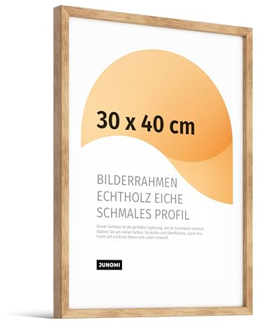 JUNOMI® Premium Bilderrahmen 30x40 cm Eiche Echtholz | Posterrahmen | Bilderrahmen aus Holz mit bruchsicherem Acrylglas, für Hoch- und Querformat zur Wandmontage