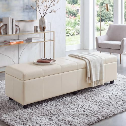 Mendler Sitzbank mit Aufbewahrung Kriens XXL, Leder + Kunstleder- Creme | Bank, 180x45x45cm