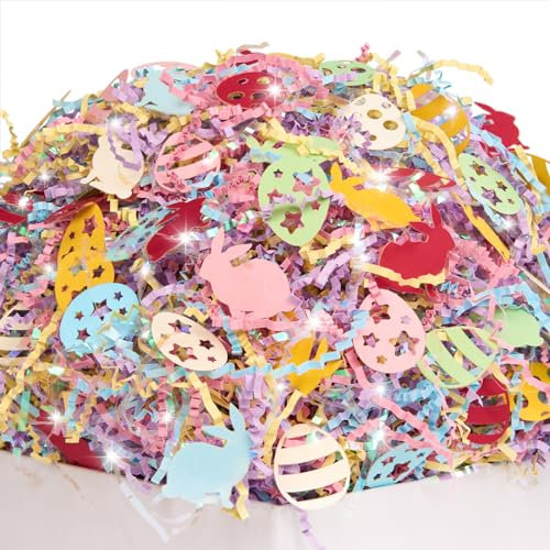 PAPER FAIR 1 LB Iridescent Easter Grass Crinkle Cut Paper w/Bunny Egg Confetti, Blue Yellow Purple Pink Shred Filler Mix Raffia Tissue Craft Bedding Cushion, Party Birthday Gift Box Basket Retail