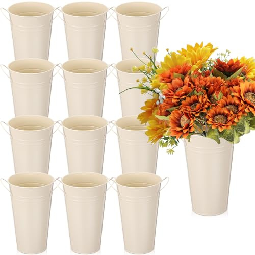 Chumia 12 Pcs Galvanized Flower Bucket 9 Inch Metal Vase Farmhouse Rustic French Flower Bar Bucket with Handles for Home Floral Centerpiece Container Wedding Table Decor(Beige)