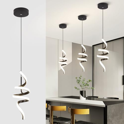 Sovinzert 4000K Modern Pendant Light, 15IN Spiral LED Pendant Lights Adjustable Height Black Kitchen Island Fixtures Chandeliers for Dining Room Hanging Lights, 1 Pack