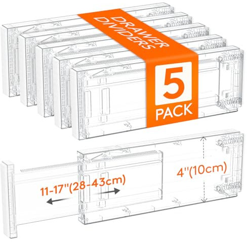 Lifewit Set di 5 separatori per cassetti in plastica, lunghezza interna 28-44,5 cm e altezza >10,5 cm, organizer regolabile per armadio, camera da letto, comò, cucina, ufficio, trasparente