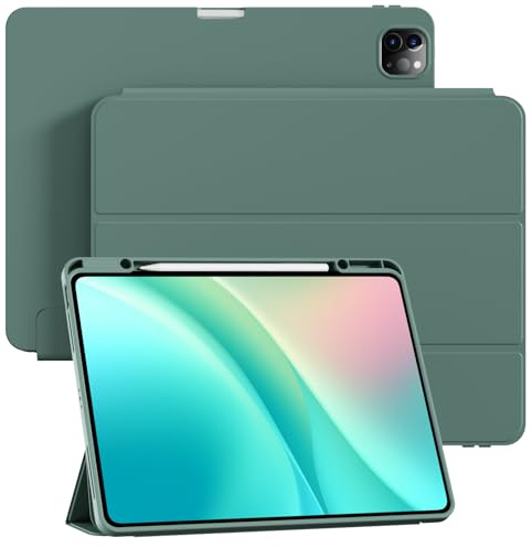 KVTVOU Hülle für iPad Pro 12,9 Zoll 2022 2021 2020 mit Stifthalter zum Aufladen, Präzise Passform Kameraschutz Auto Wachen/Schlafen, Weiche TPU Hülle für iPad Pro 12.9 6./5./4. Generation, Nachtgrün