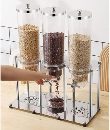GWWBD Dispensador de alimentos secos de acero inoxidable, contenedor de triple control de 10,5 L para cereales, frutos secos, dulces, conveniente y duradero, opción de autoservicio y recargable