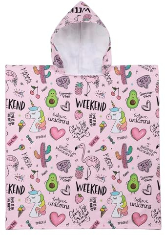 KAKU NANU Ponchohanddukar med huva för barn 6-14 år, 6 färger barn strand badhandduk ombytesrock strandponcho barn snabbtorkande badhanddukar stor, Rosa-white, 6-14 År