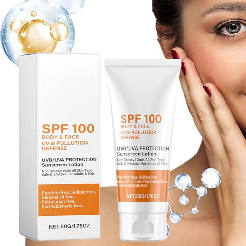 50g Crème Solaire Visage SPF 100, Lotion Solaire Spf 100, Soins Du Visage Corps Crème Solaire,Lotion Solaire Avec Protection Uva/Uvb,Crème Solaire Corporelle Non Grasse,Écran Solaire Résistante Aux UV